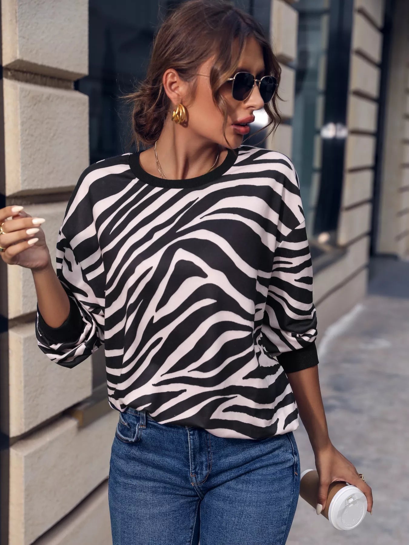 Zebra Print Round Neck Casual Sweatshirt OutfitFlow