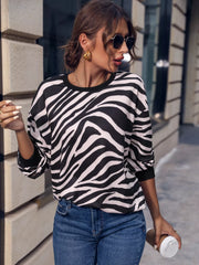 Zebra Print Round Neck Casual Sweatshirt OutfitFlow