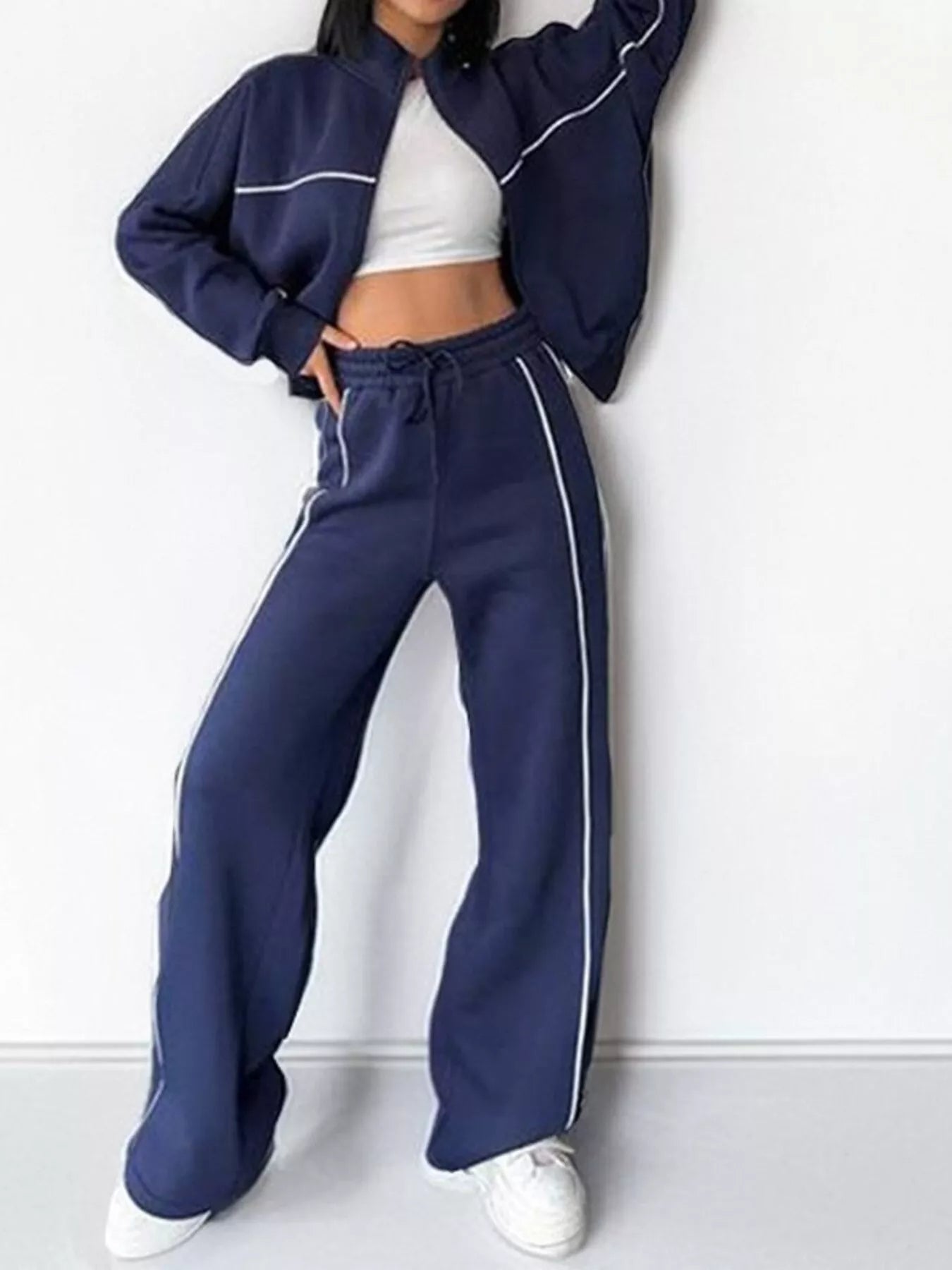 Full Size Zip Up Long Sleeve Top and Pants Set Plus Size Blue OutfitFlow