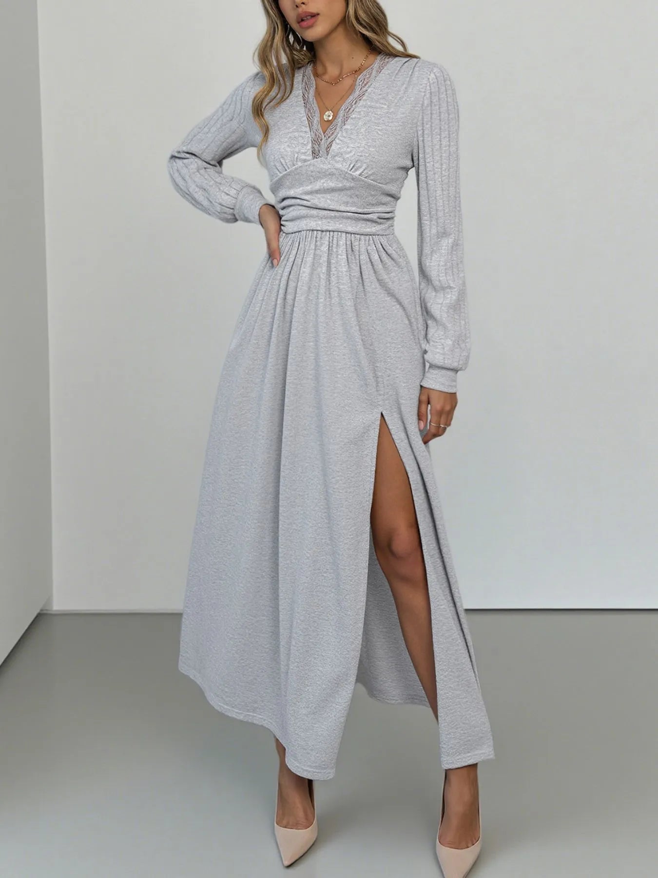 Lace Detail V-Neck Maxi Dress with Side Slit OutfitFlow