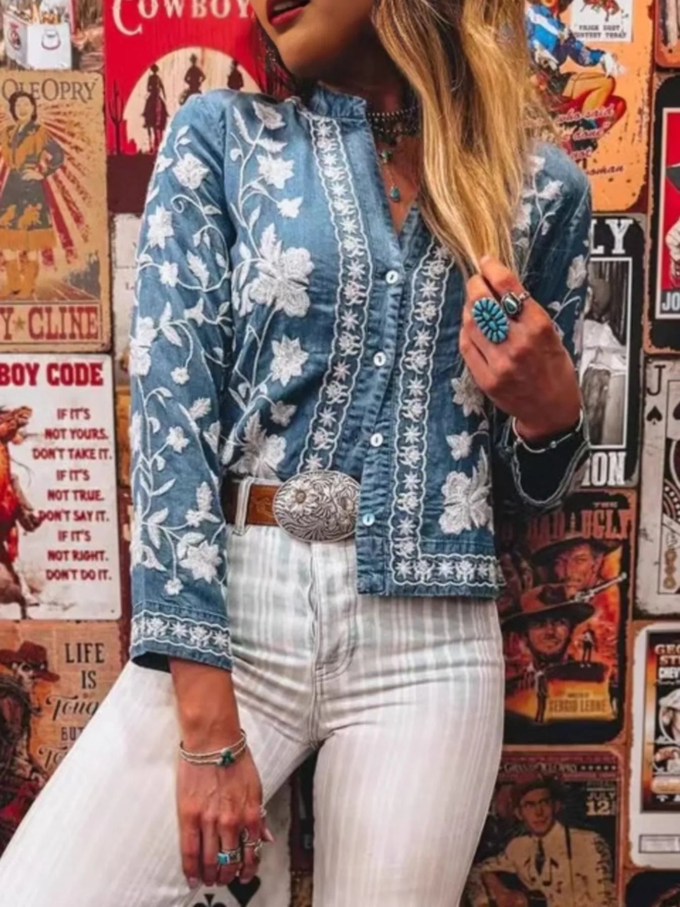 Floral Embroidered Button Up Denim Shirt OutfitFlow
