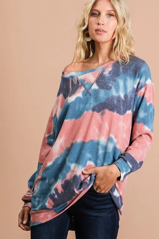 BiBi Tie Dye French Terry Pull Over with Front Stitching Detail OutfitFlow