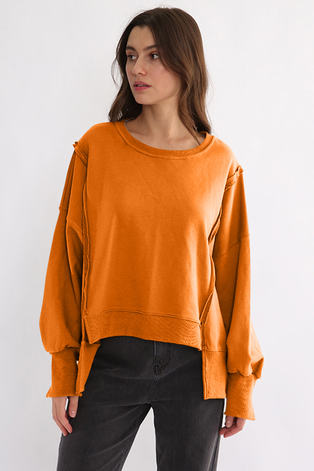 Outfit Flow - Exposed Seam High-Low Long Sleeve Sweatshirt