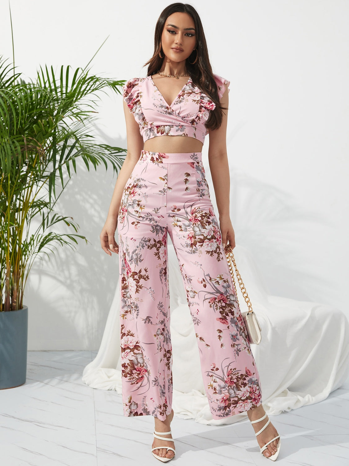 Outfit Flow - Honey Printed Surplice Cap Sleeve Top and Pants Set