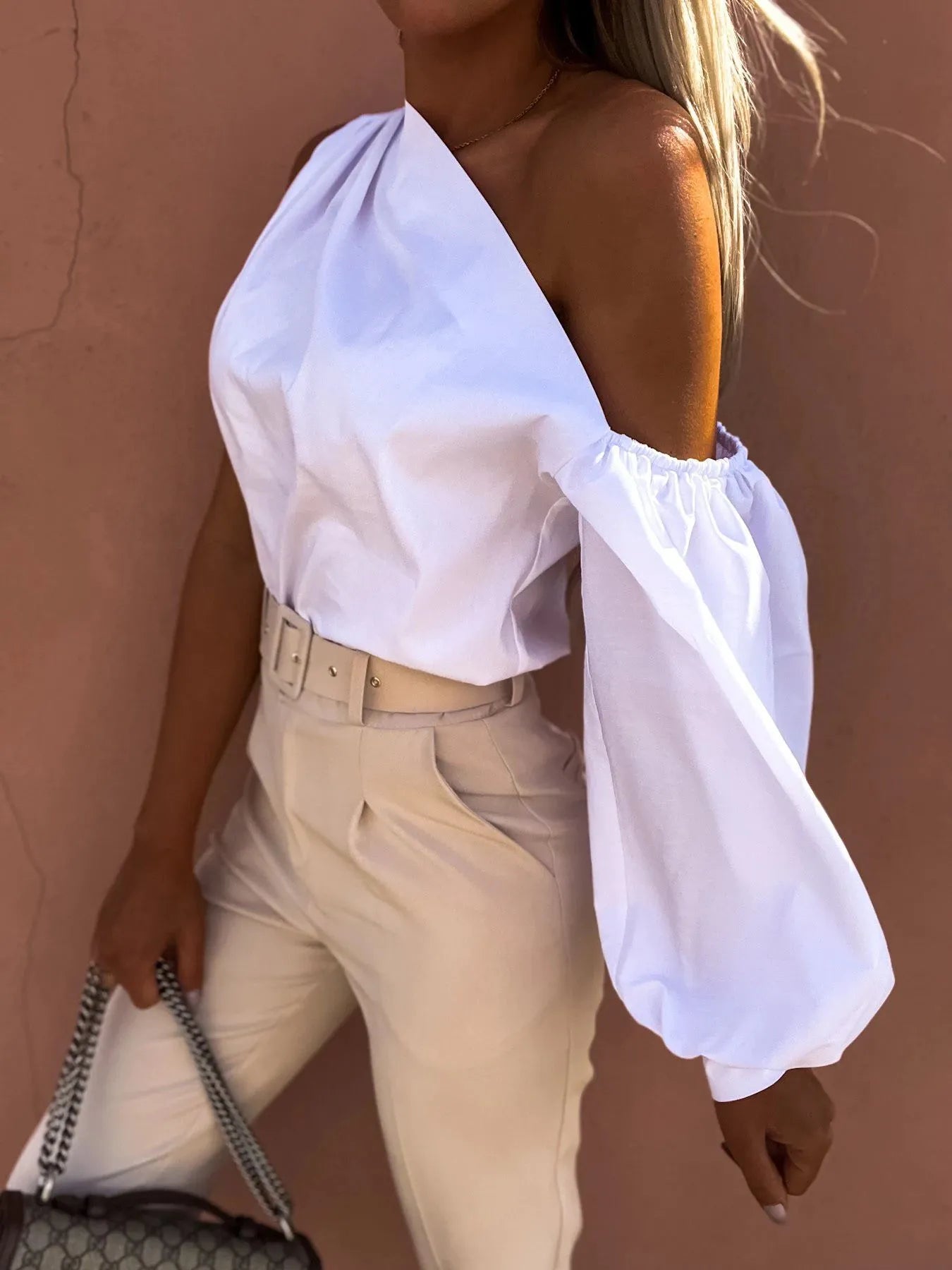 One Shoulder Puff Sleeve Blouse OutfitFlow