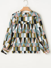 Geometric Print Buttoned Balloon Sleeve Loose Fit Shirt OutfitFlow
