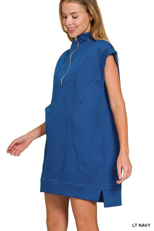 Zenana Textured Knit Jacquard Quarter Zipper Mini Dress OutfitFlow