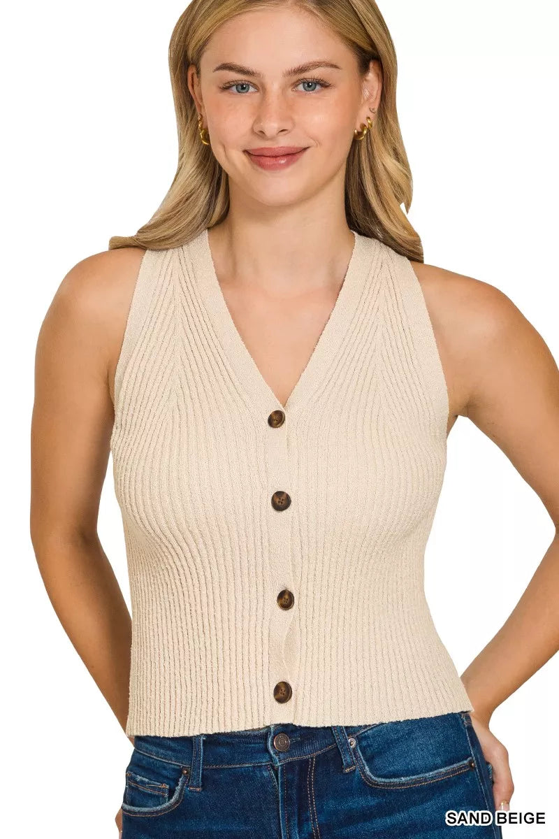 Zenana Ribbed Knit Button-Down Sweater Vest SAND BEIGE OutfitFlow