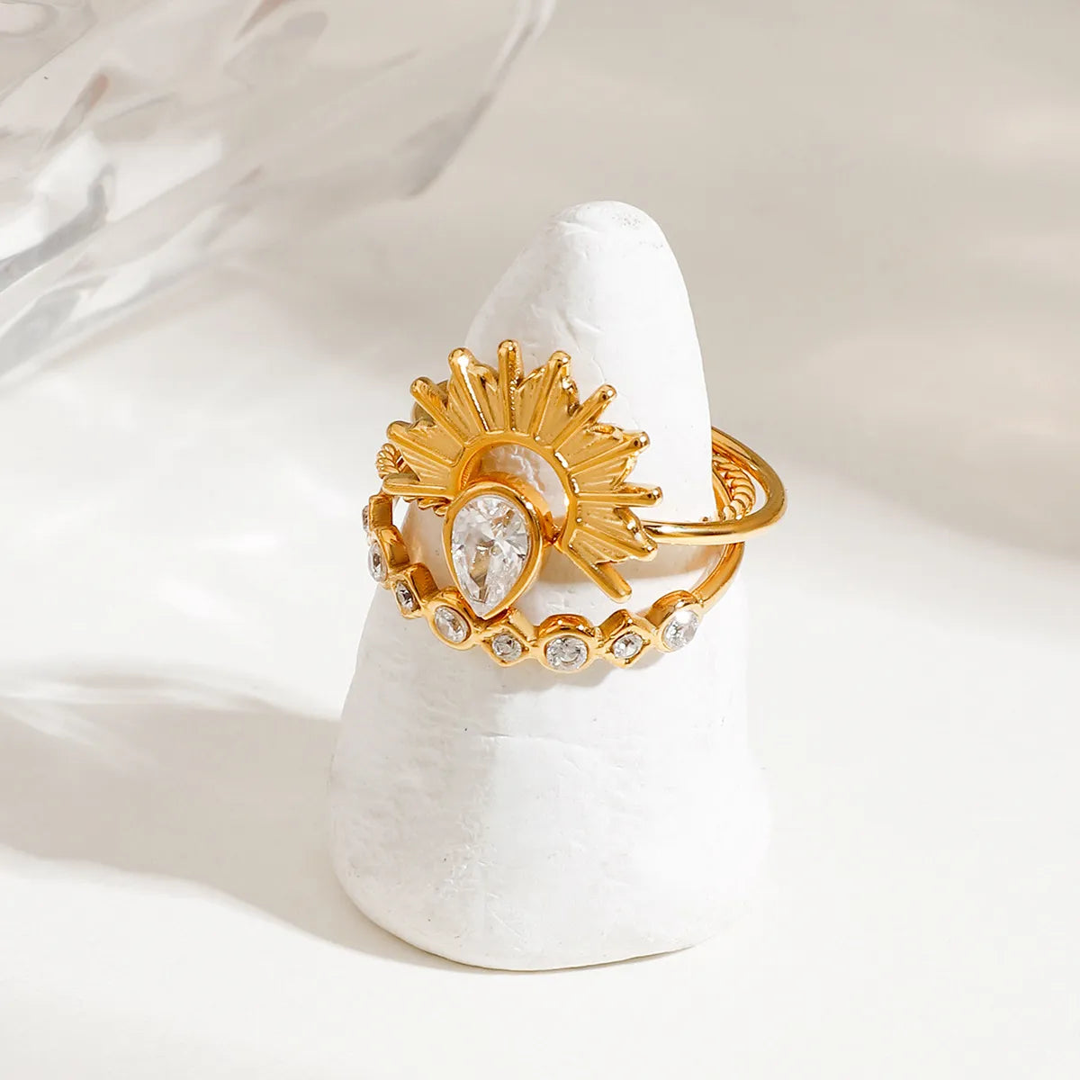 3 Piece Stainless Steel Rhinestone Sunburst Crown Ring OutfitFlow