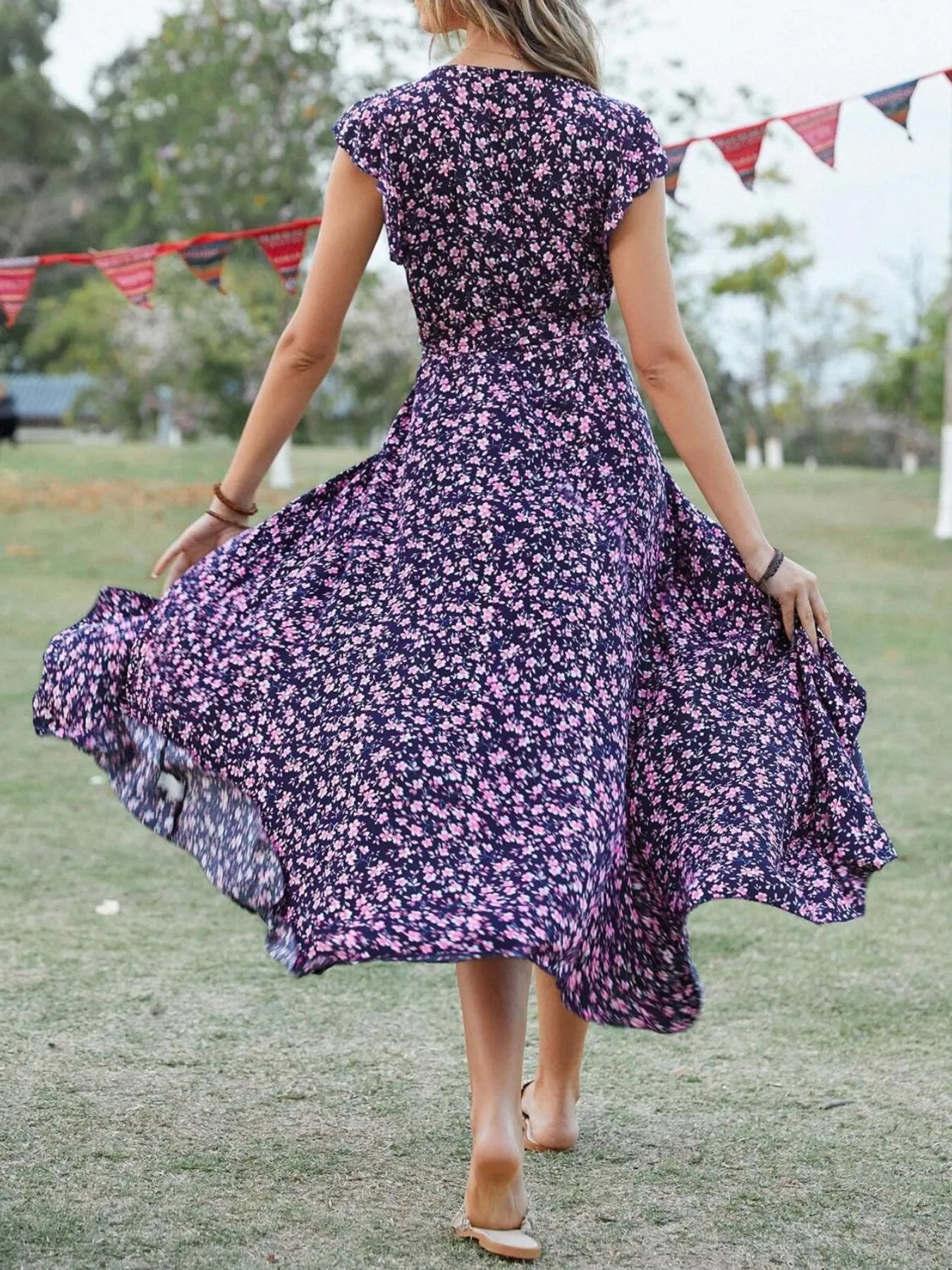Printed Surplice Ruffle Sleeve Dress OutfitFlow