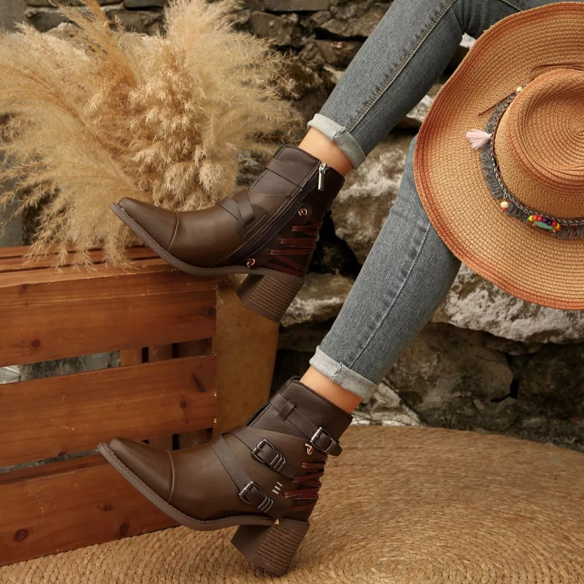 Point Toe Buckle Strap Ankle Boots with Block Heels Trendsi