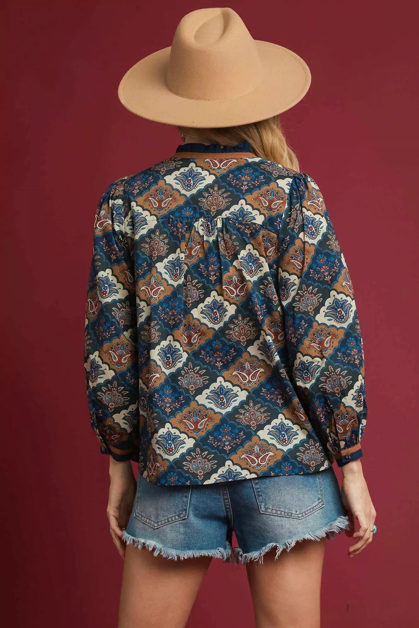 Umgee Abstract Print Ruffle Neck Top OutfitFlow