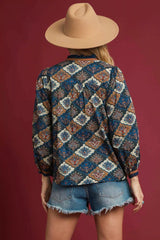 Umgee Abstract Print Ruffle Neck Top OutfitFlow