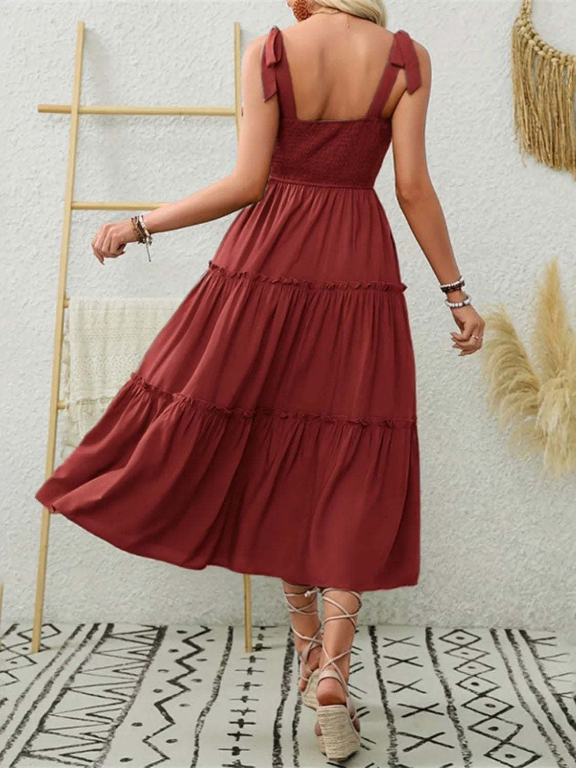 Smocked Tiered Midi Dress with Tie Straps OutfitFlow