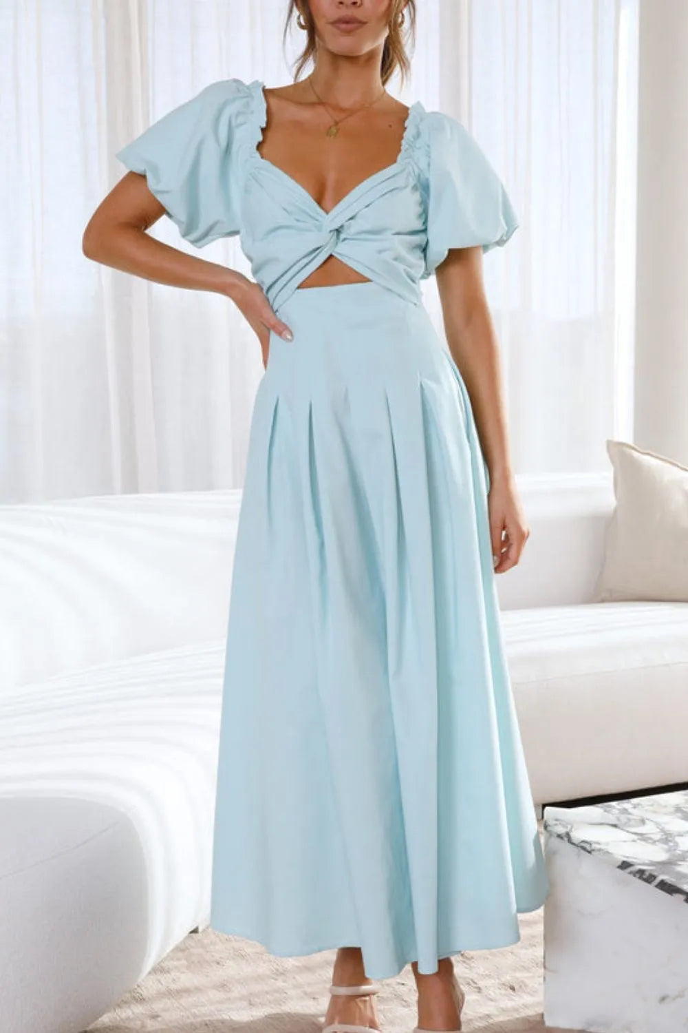 Sweetheart Neck Puff Sleeve Dress OutfitFlow