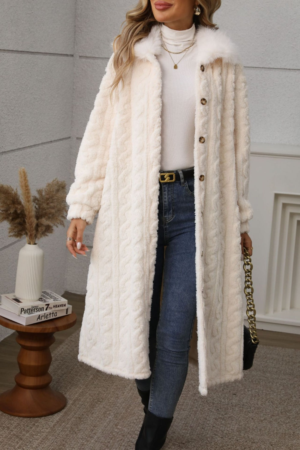 Outfit Flow - Furry Button Up Long Sleeve Longline Coat