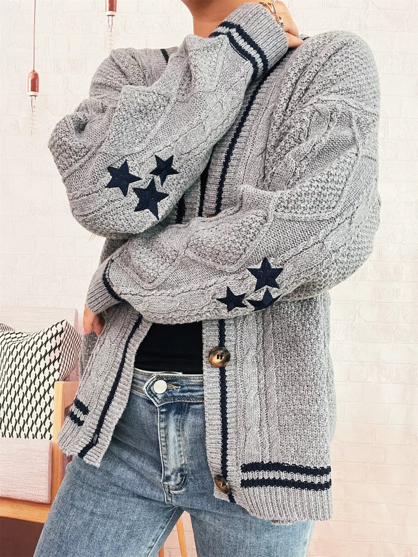 Star Pattern Button-Up Cardigan with Contrast Trim OutfitFlow