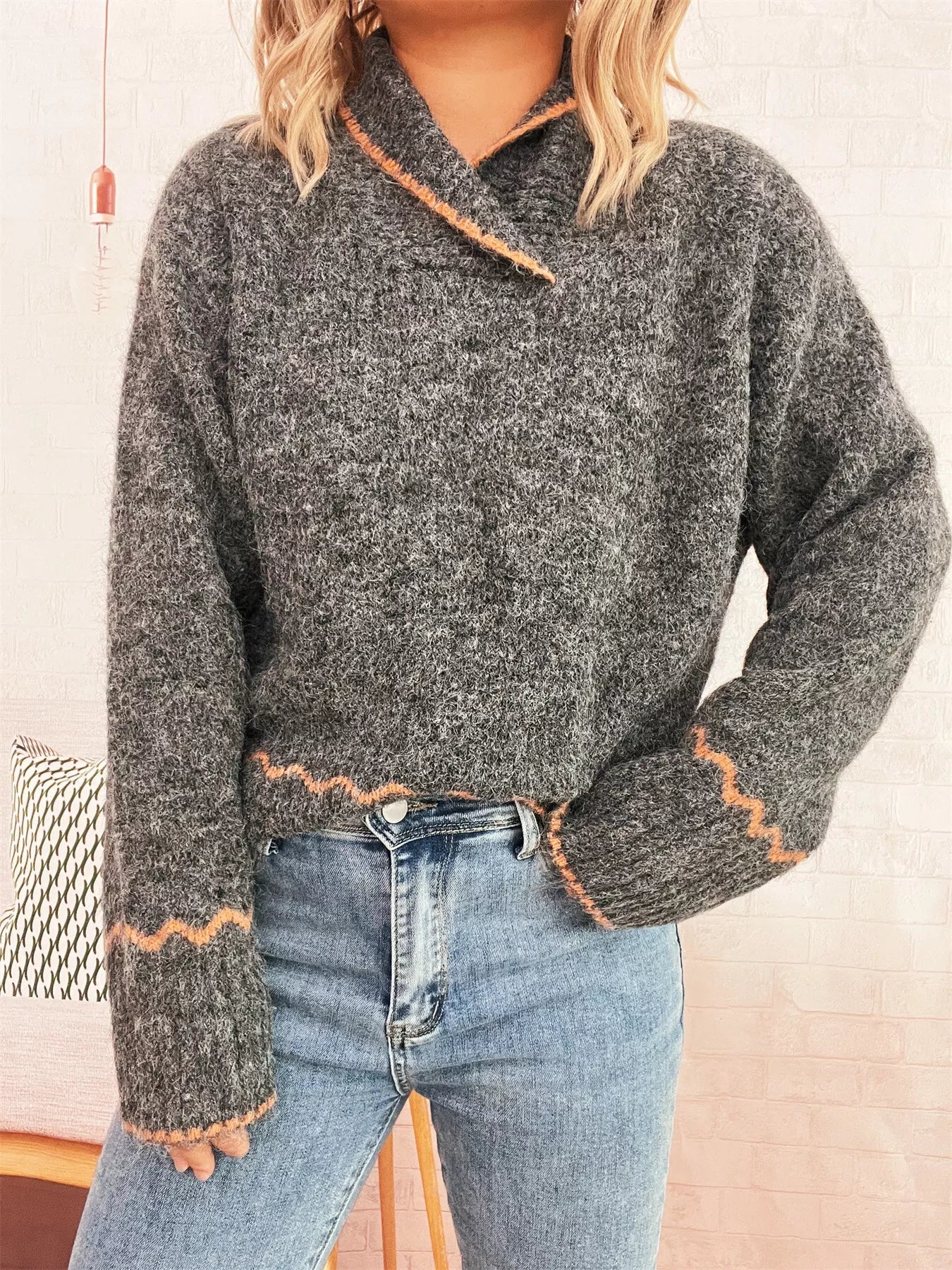 Ribbed Contrast Trim Long Sleeve Sweater OutfitFlow
