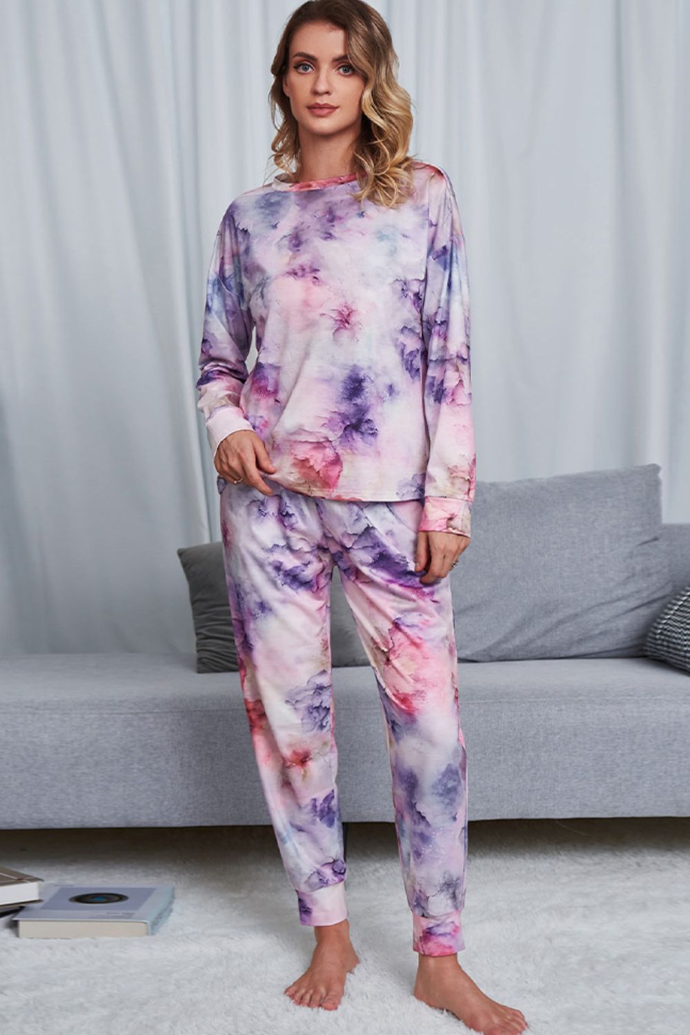 Outfit Flow - Shiny Tie-Dye Crewneck Top and Drawstring Waist Joggers Lounge Set