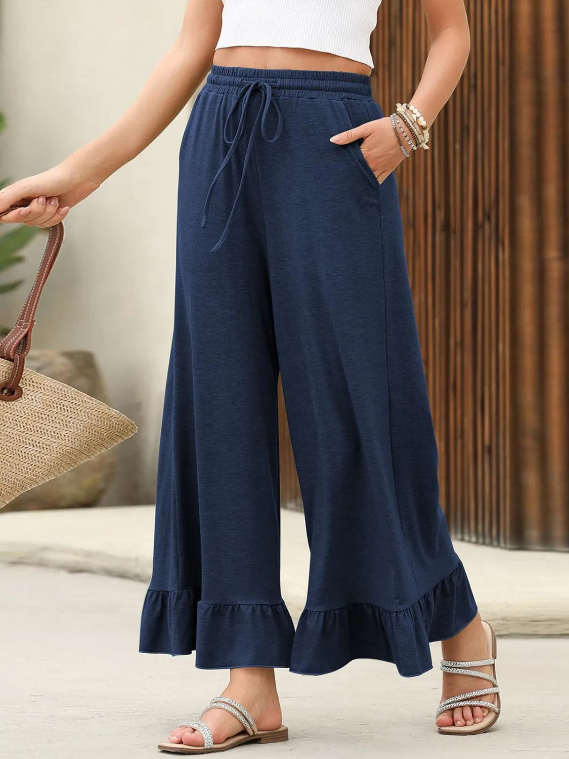 Ruffled Hem Wide Leg Pants OutfitFlow