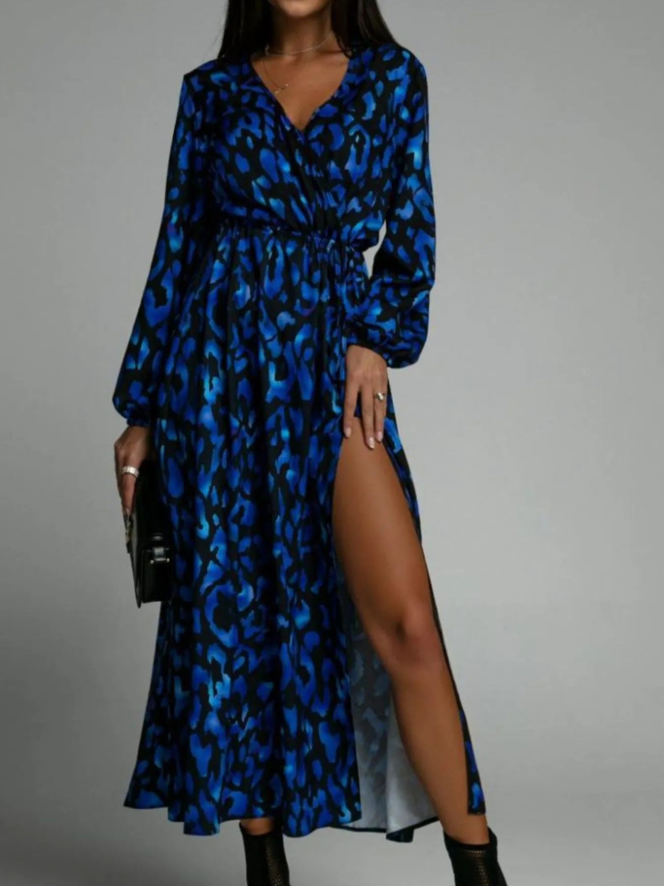 Printed Surplice Long Sleeve Midi Dress Blue OutfitFlow