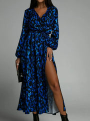 Printed Surplice Long Sleeve Midi Dress Blue OutfitFlow