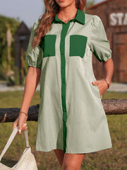 Stripe Color Block Patchwork Shirt Collar Button Down Puff Sleeve Mini Dress Trendsi