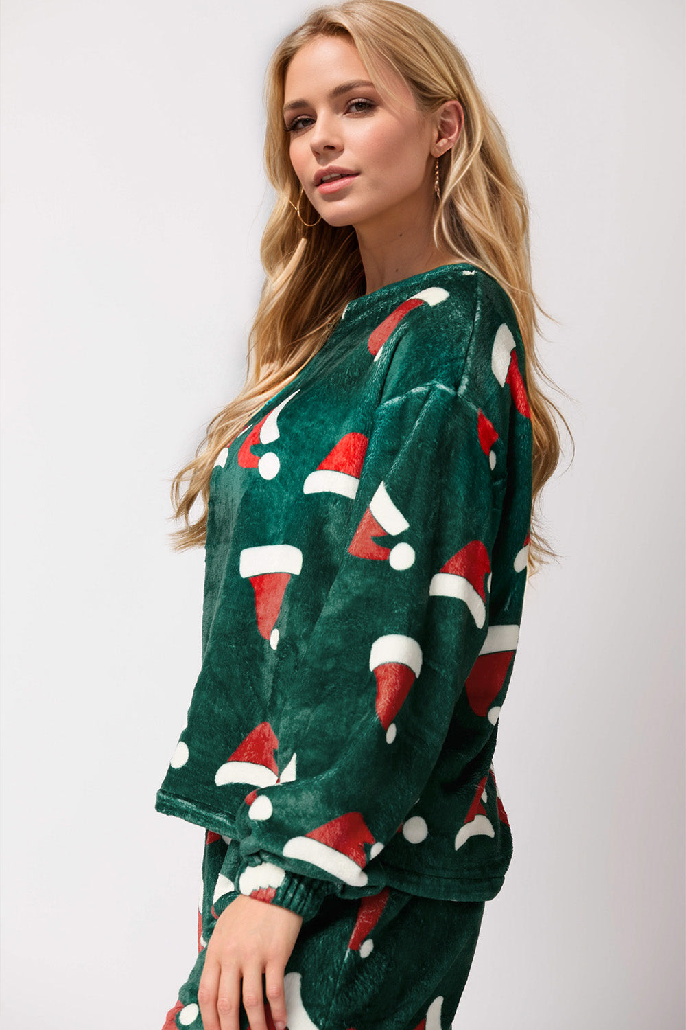 Outfit Flow - Christmas Hat Pattern Round Neck Long Sleeve Top and Pants Set