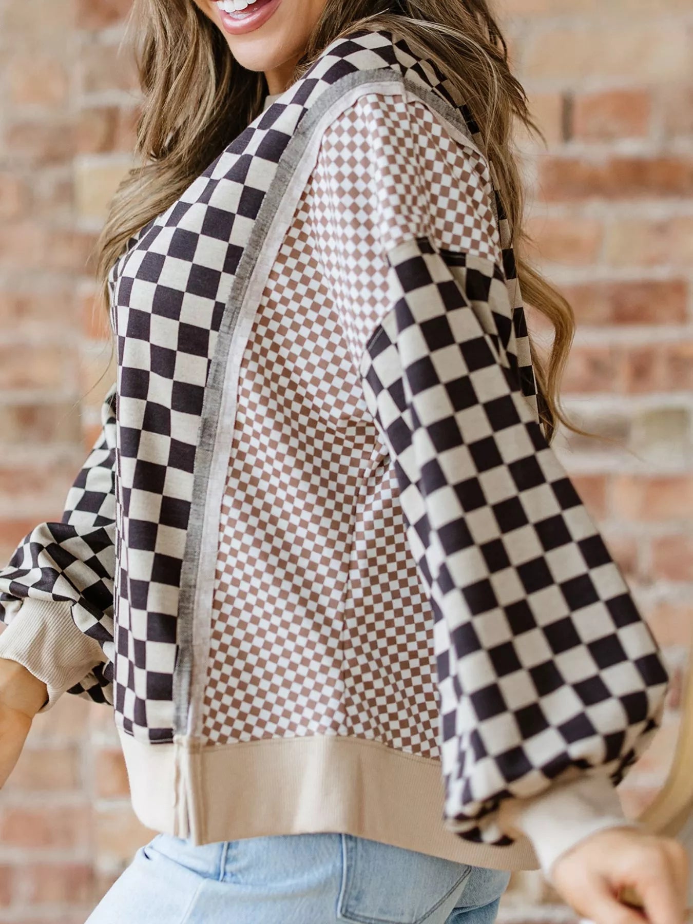 Mixed Checkered Pattern Patchwork High Low Casual Top OutfitFlow