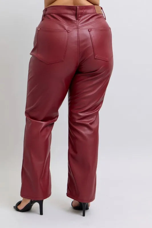 Judy Blue Full Size High Waist Tummy Control Faux Leather Straight Pants Plus Size OutfitFlow