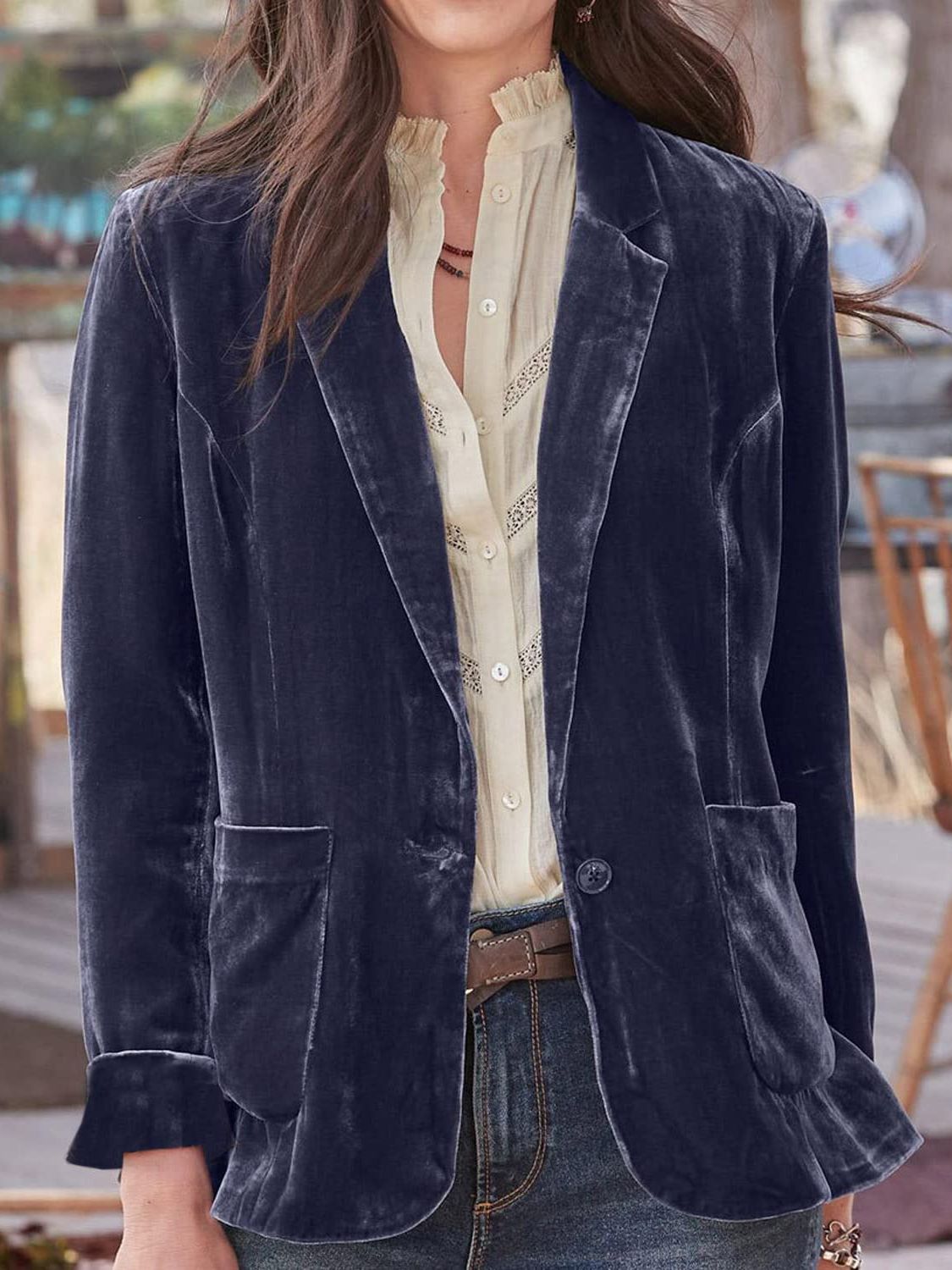 Pocketed Button Up Lapel Collar Blazer OutfitFlow