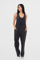 Outfit Flow - Mono B Mineral-Washed V Neck Overalls with Pockets