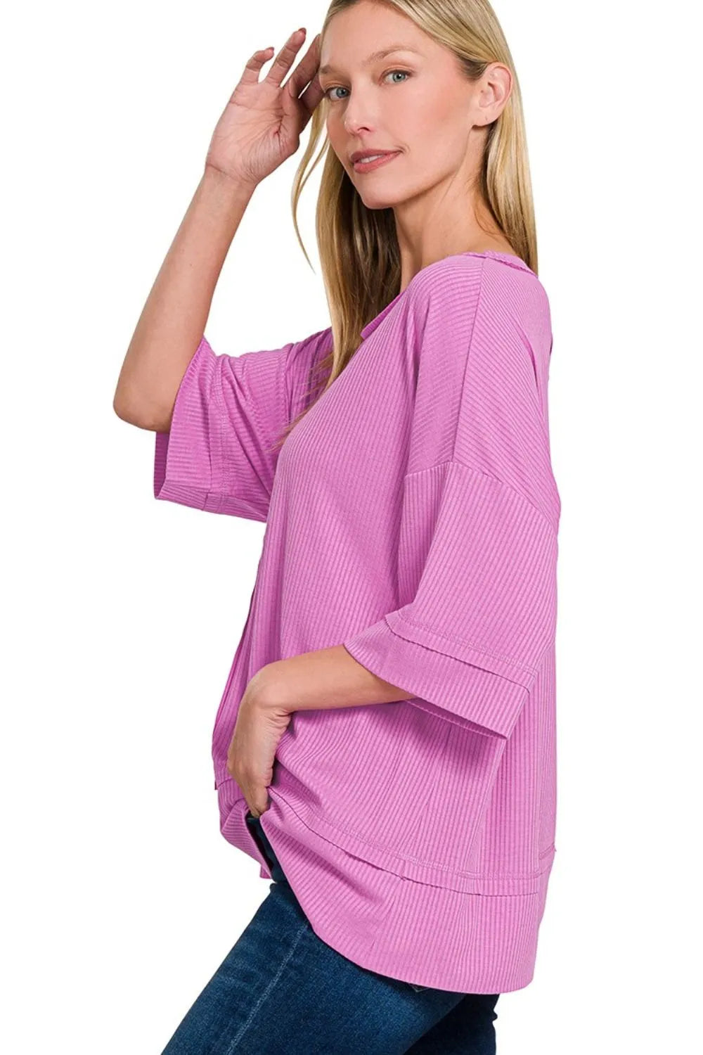 Zenana Ribbed Boat Neck 3/4 Sleeve Top OutfitFlow