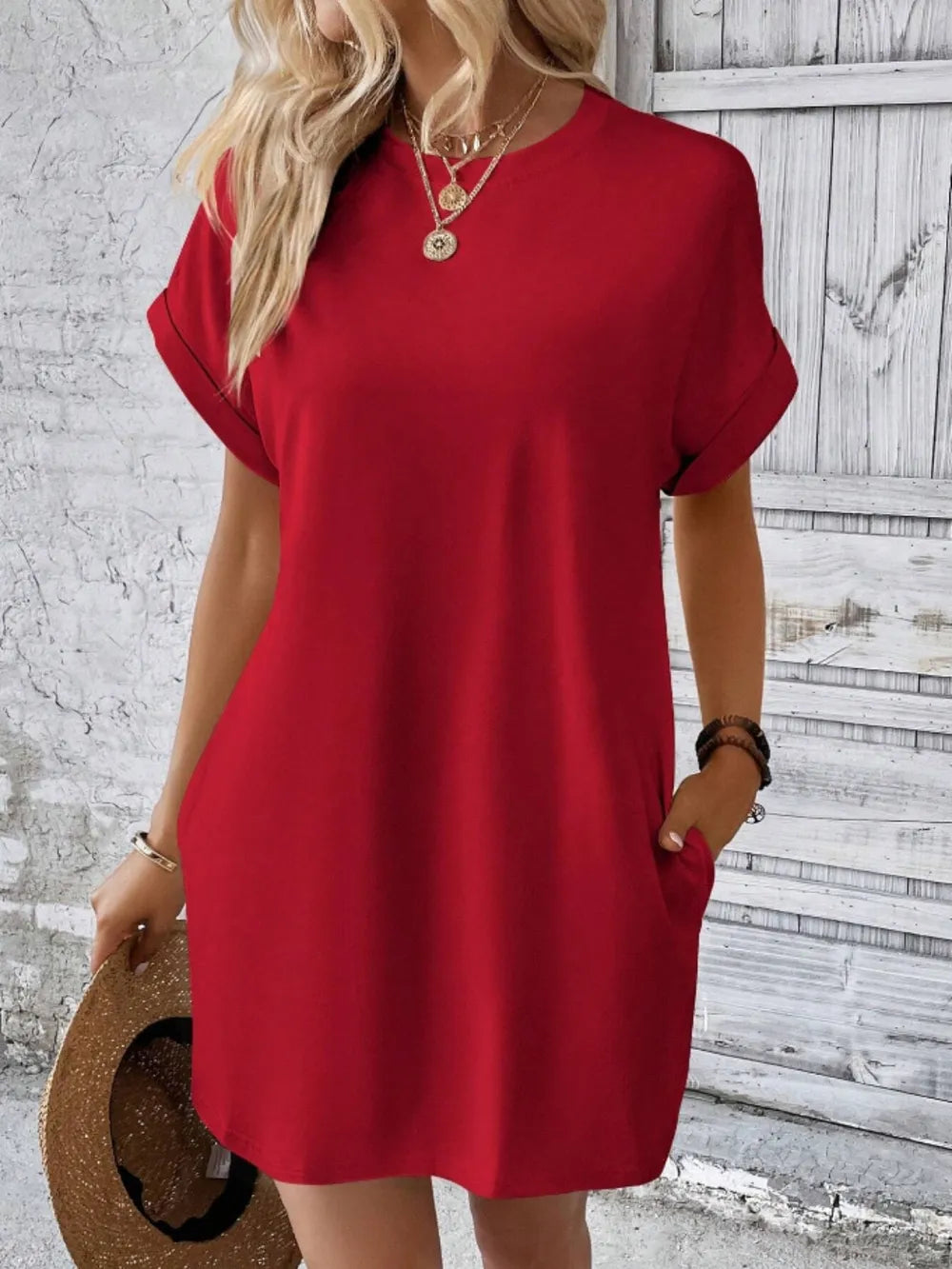 Pocketed Round Neck Short Sleeve Dress OutfitFlow