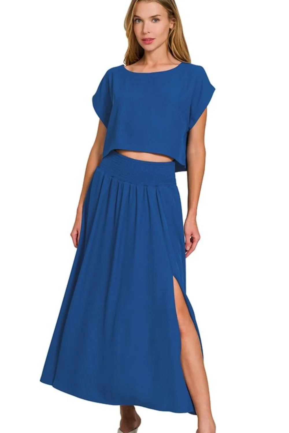 Zenana Heavy Woven Span Crop Tee & Skirt Set LT NAVY OutfitFlow
