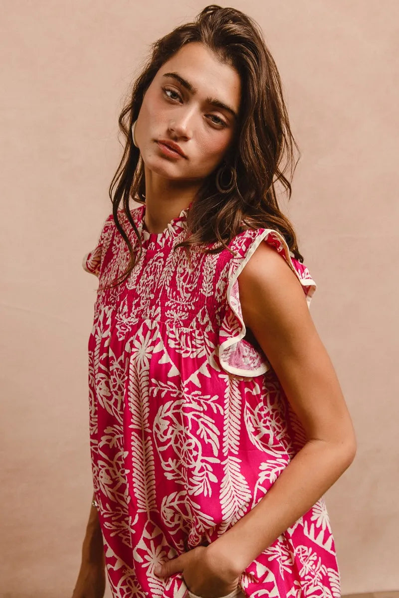 BiBi Printed Ruffle Sleeve Top OutfitFlow