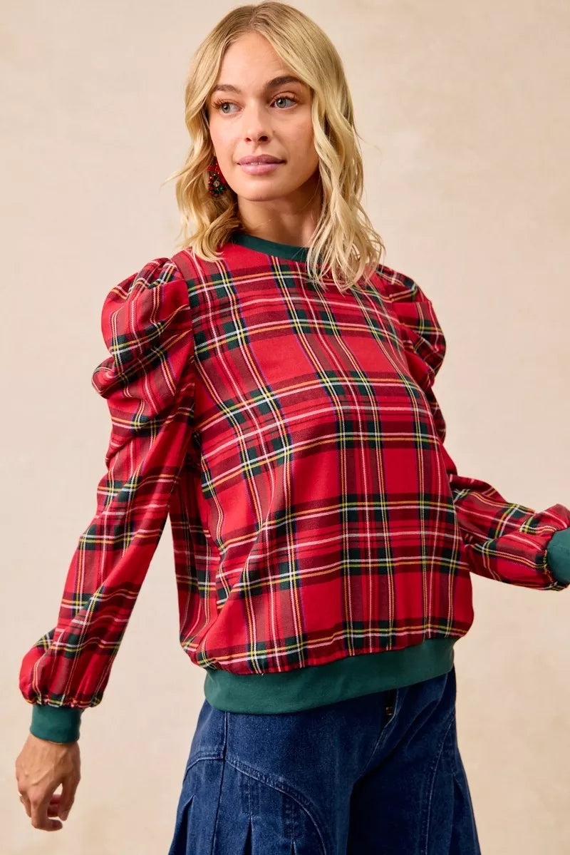 BiBi Christmas Plaid Exaggerated Shoulder Sleeves Top OutfitFlow