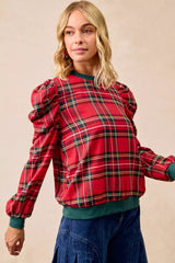 BiBi Christmas Plaid Exaggerated Shoulder Sleeves Top OutfitFlow