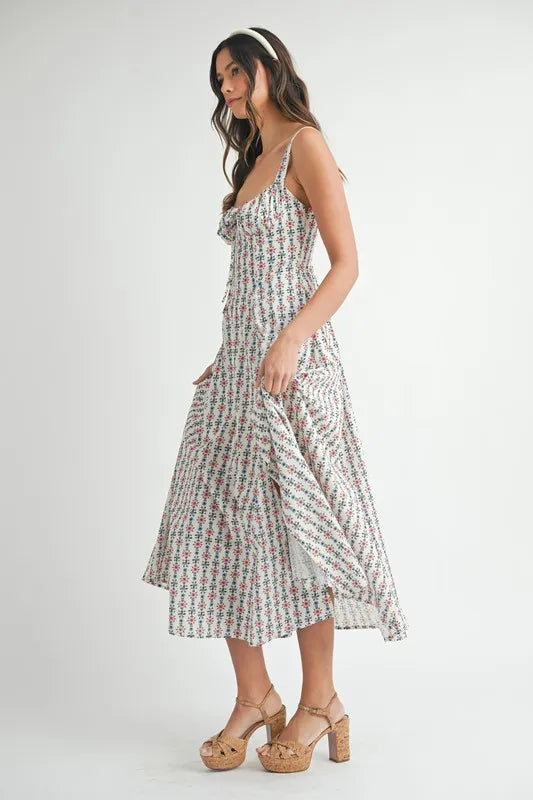 MABLE Floral Print Bustier Back Lace Up Midi Dress OutfitFlow