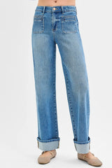 RISEN Full Size Elastic Band Mid Rise Wide Front Patch Pocket Cuff Jeans Plus Size OutfitFlow