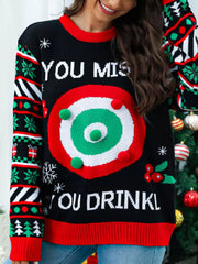 Christmas Ribbed Hem Long Sleeve Sweater Black OutfitFlow