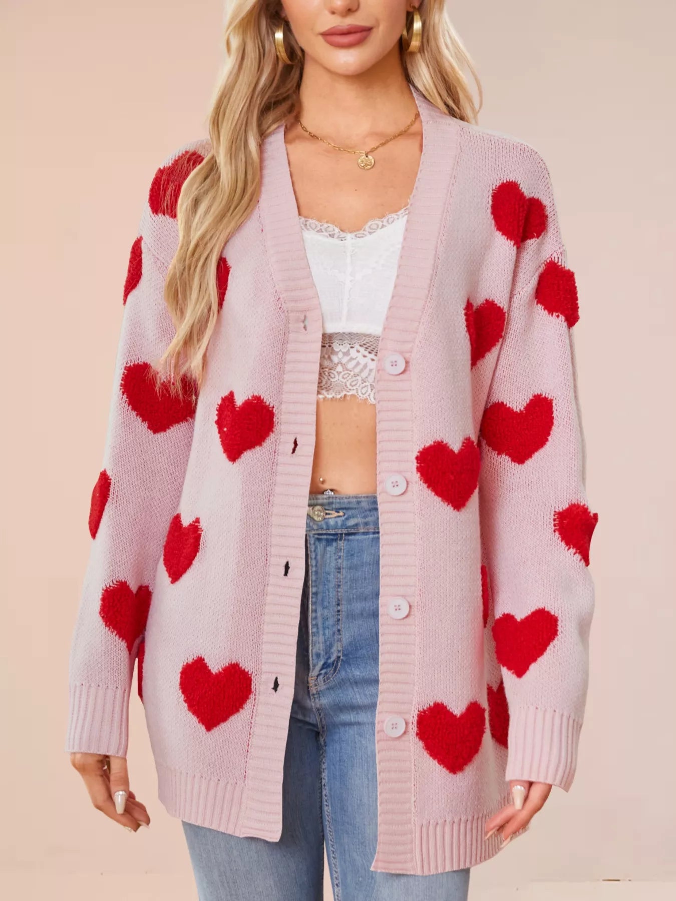 Heart Pattern Knit Button-Up Cardigan OutfitFlow