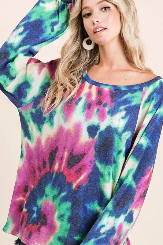 BiBi Tie Dye Print Terry Top with Puff Sleeves OutfitFlow
