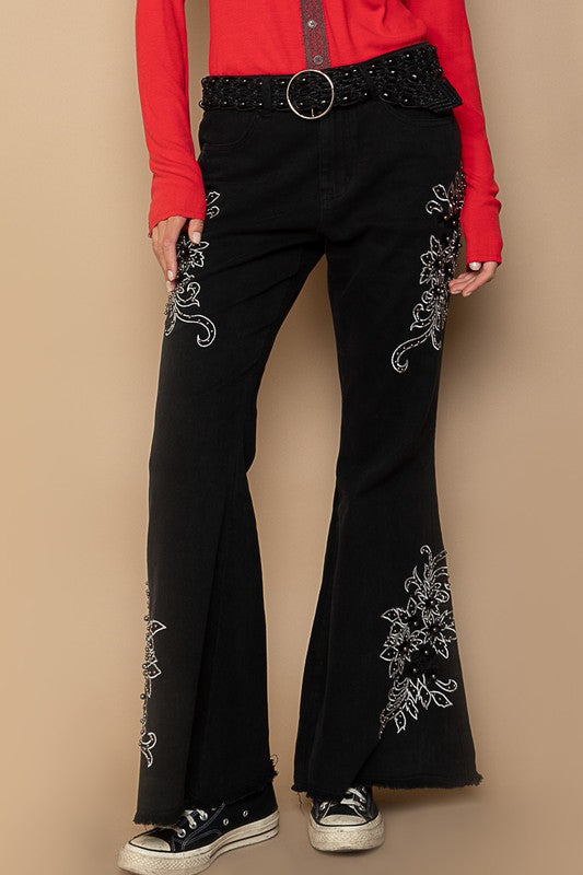 Outfit Flow - POL Raw Hem Embroidered Flare Pants