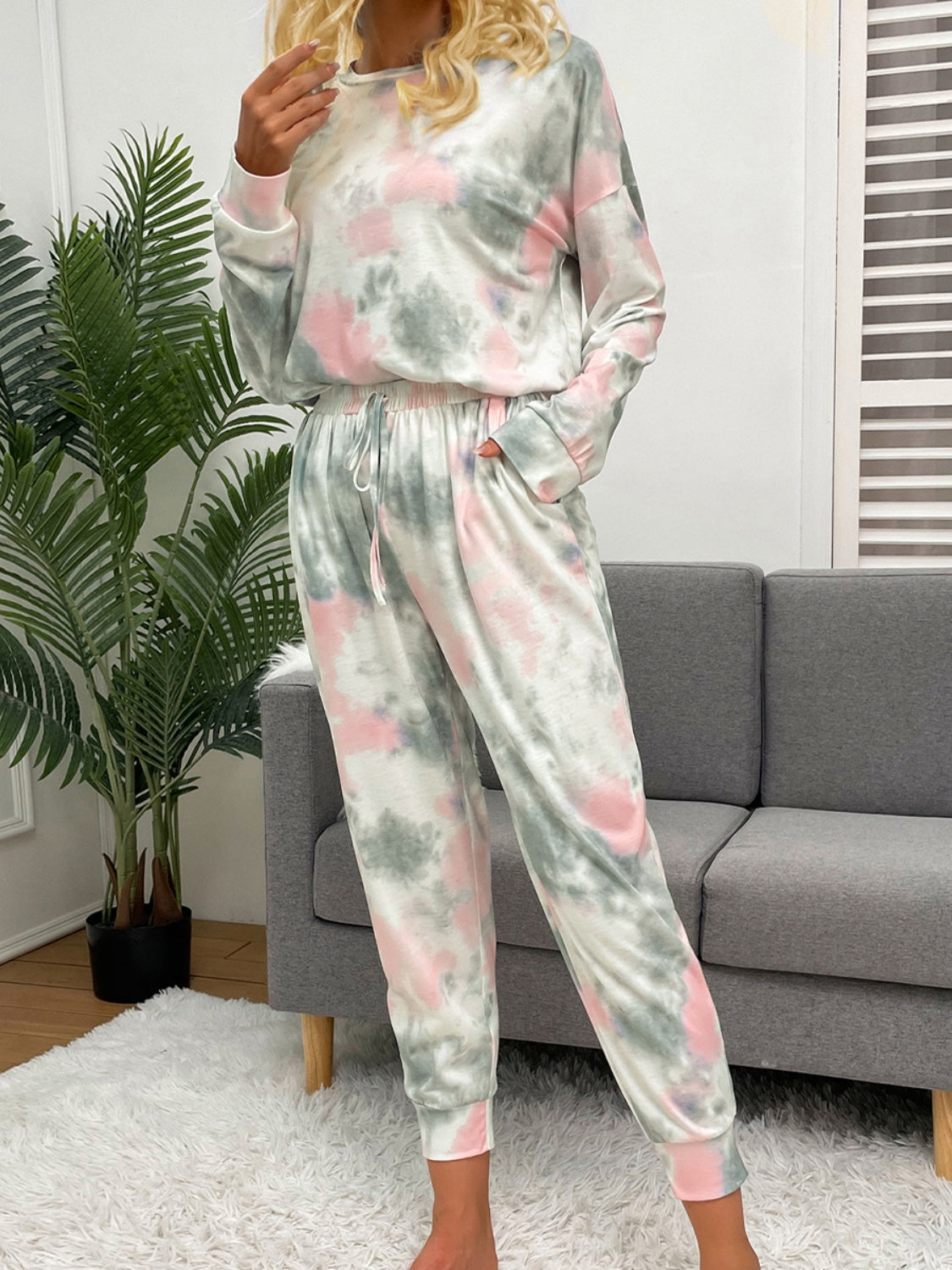 Outfit Flow - Shiny Tie-Dye Round Neck Top and Drawstring Pants Lounge Set