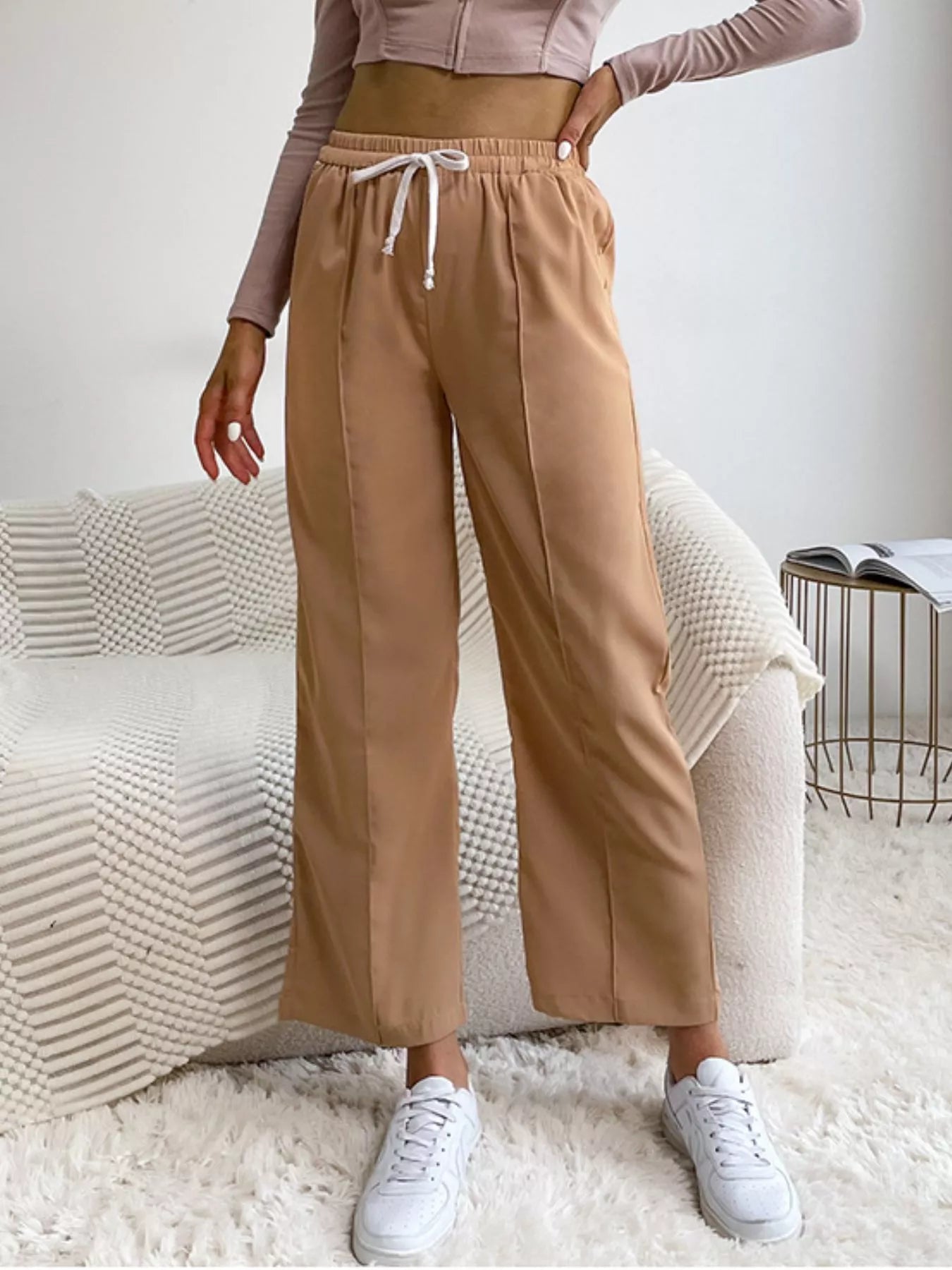 Wide Leg Drawstring Casual Pants OutfitFlow