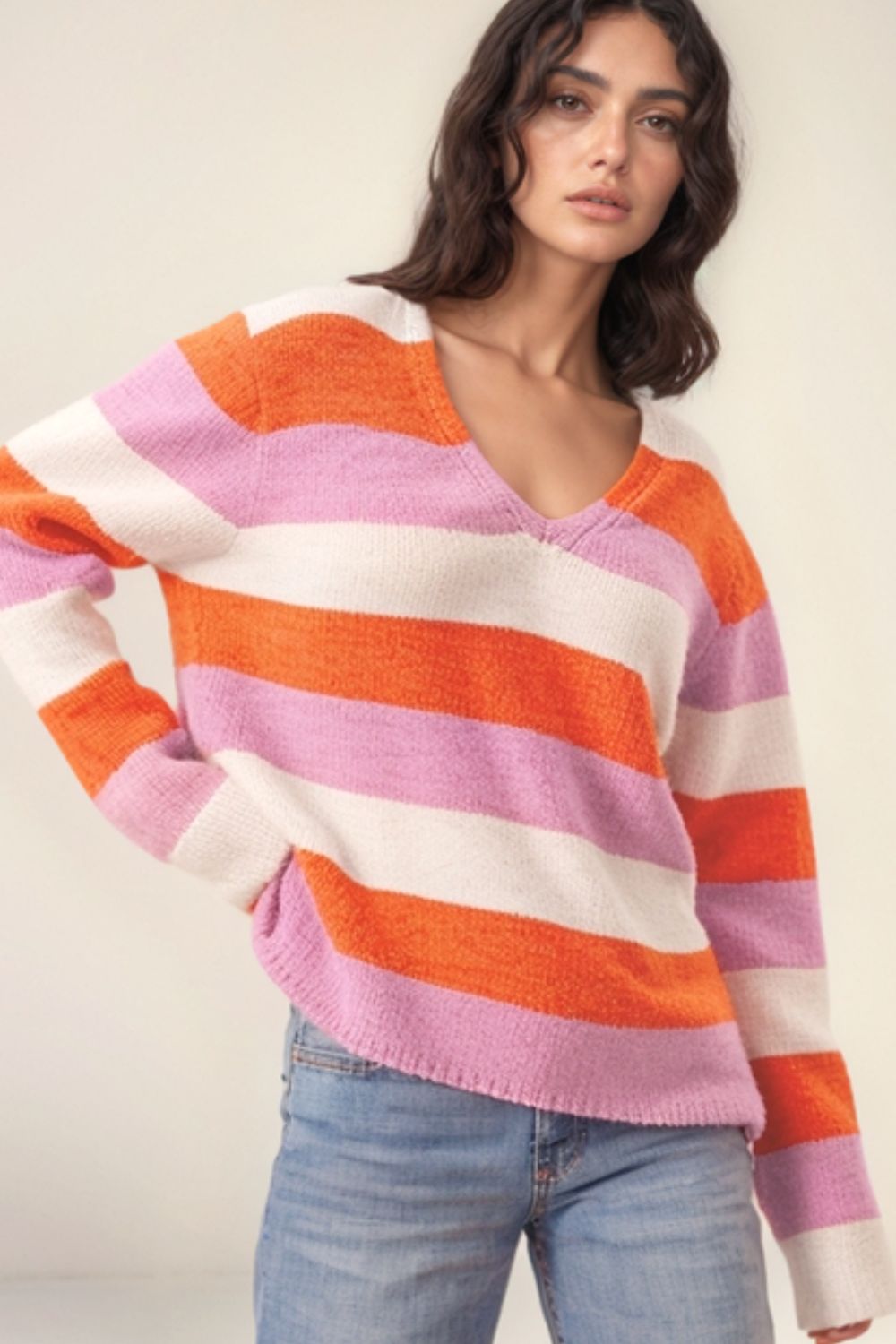 Outfit Flow - Color Block V-Neck Long Sleeve Sweater