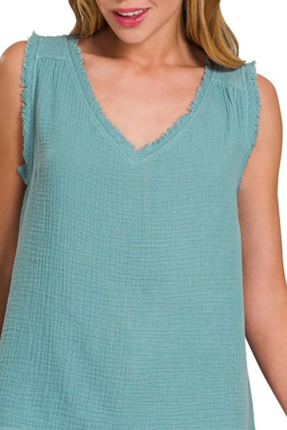 Zenana Double Gauze Raw Edge V-Neck Tank OutfitFlow