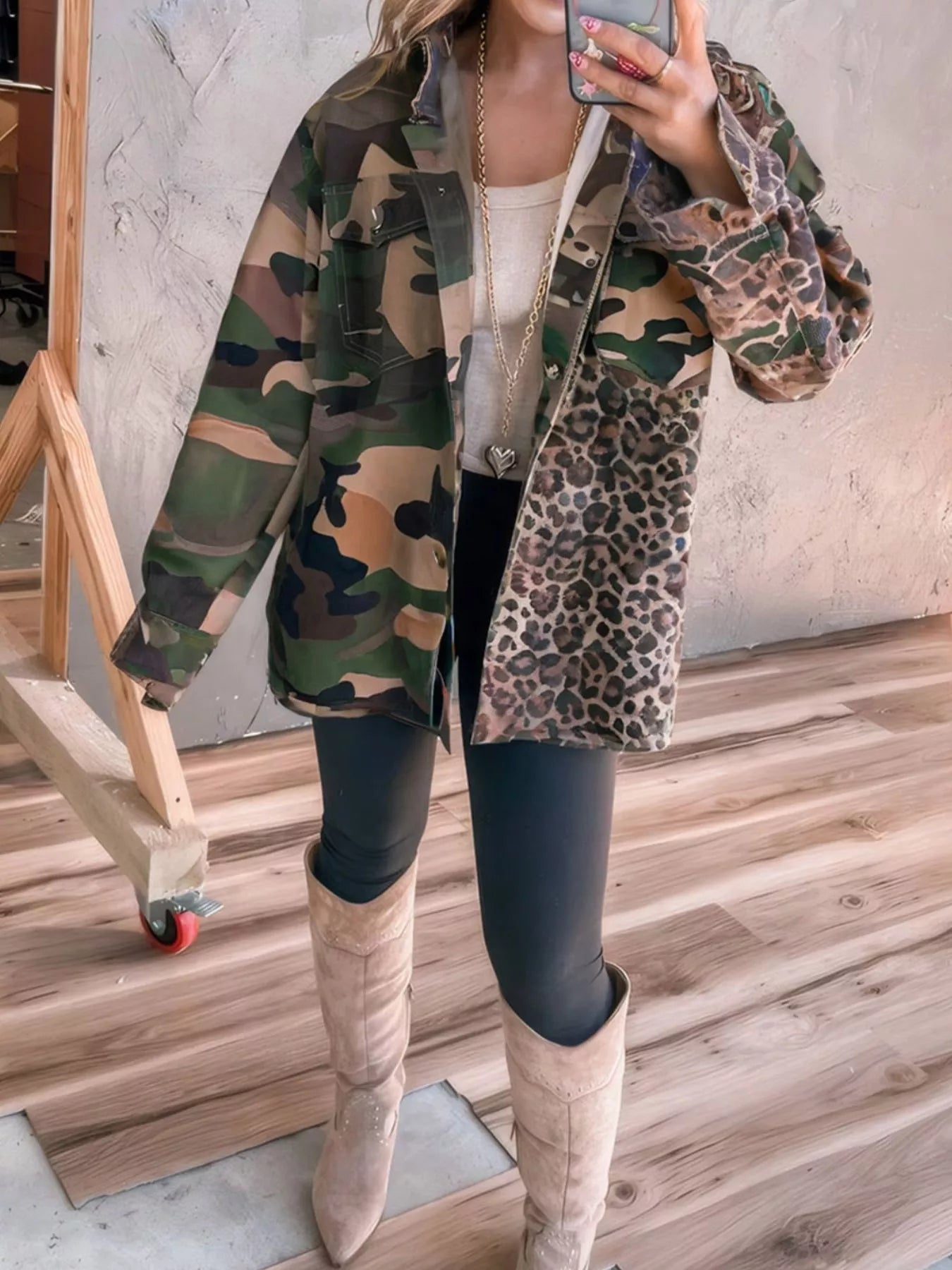Camouflage Leopard Print Mixed Pattern Oversized Jacket Trendsi