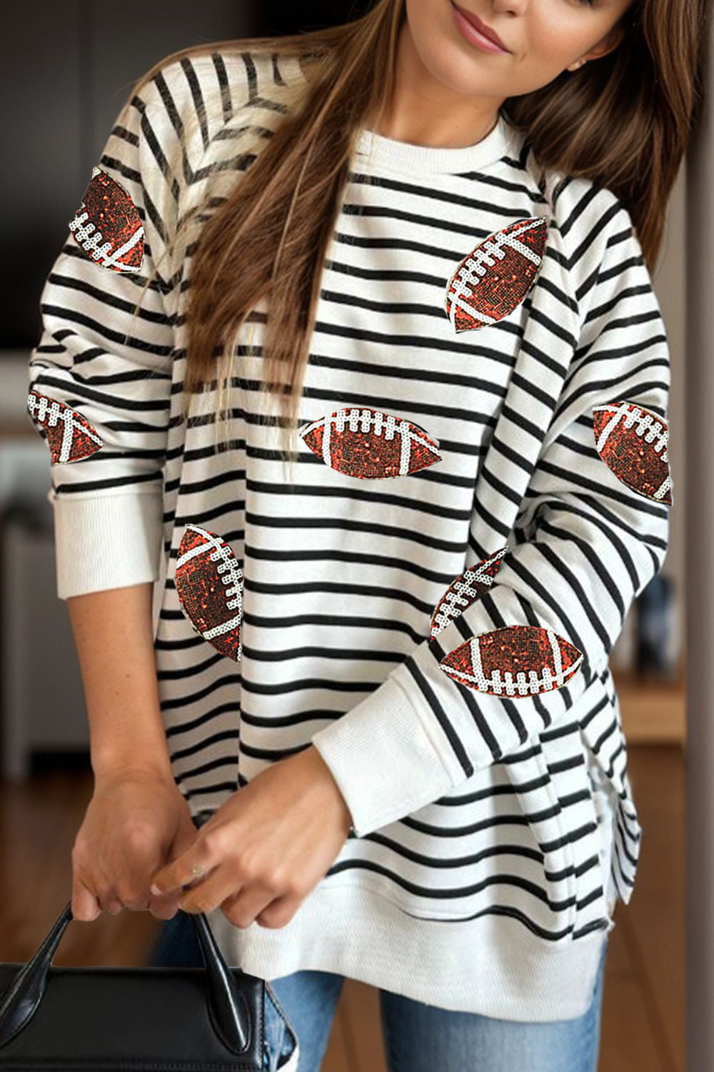 Outfit Flow - Sequin Football Striped Long Sleeve Sweatshirt